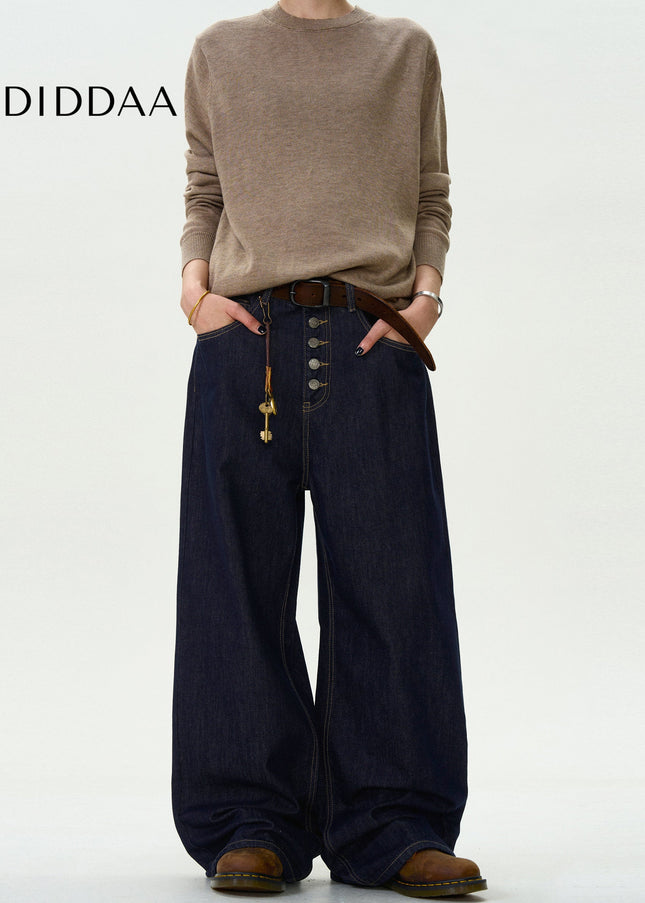 Blue Loose Fit Retro Denim Straight Jeans for Men and Women - Men’s Jeans