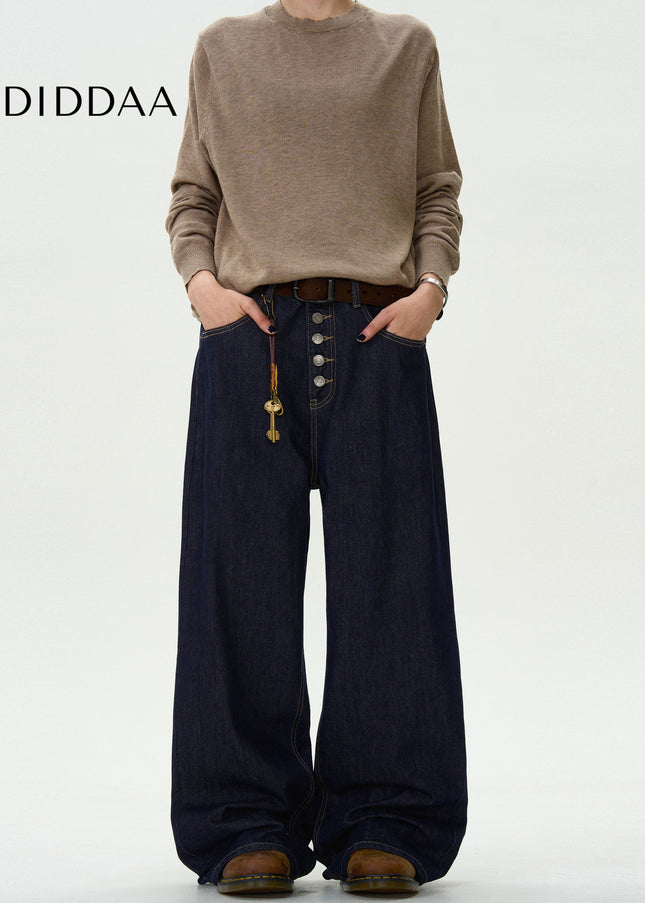 Blue Loose Fit Retro Denim Straight Jeans for Men and Women - Men’s Jeans