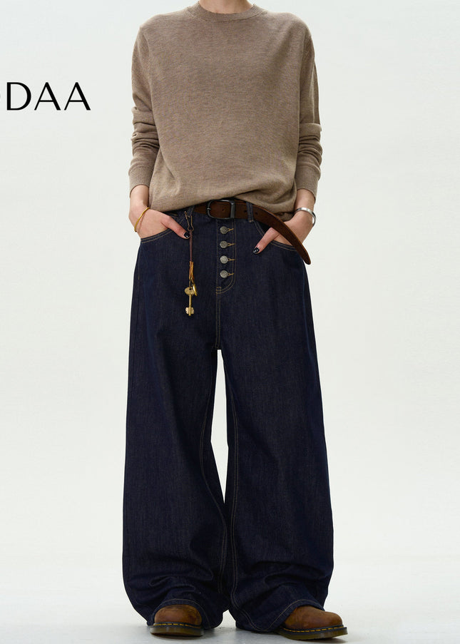 Blue Loose Fit Retro Denim Straight Jeans for Men and Women - S / Dark Blue - Men’s Jeans