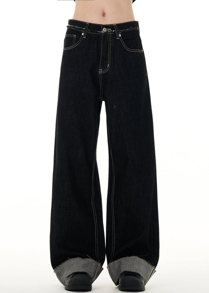 Blue Loose Fit Retro Niche Straight Leg Cuff Jeans - Men’s Jeans
