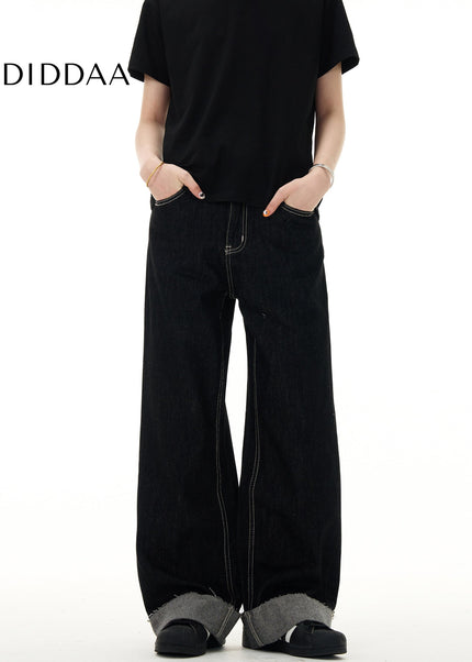 Blue Loose Fit Retro Niche Straight Leg Cuff Jeans - Men’s Jeans