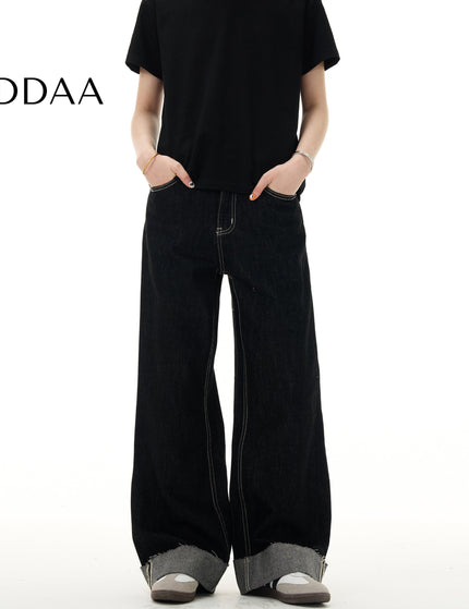 Blue Loose Fit Retro Niche Straight Leg Cuff Jeans - S / Black - Men’s Jeans