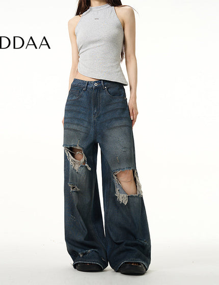 Blue Loose Fit Ripped Jeans for Couples by Tail Lang - S / Dark Blue - Women’s Jeans