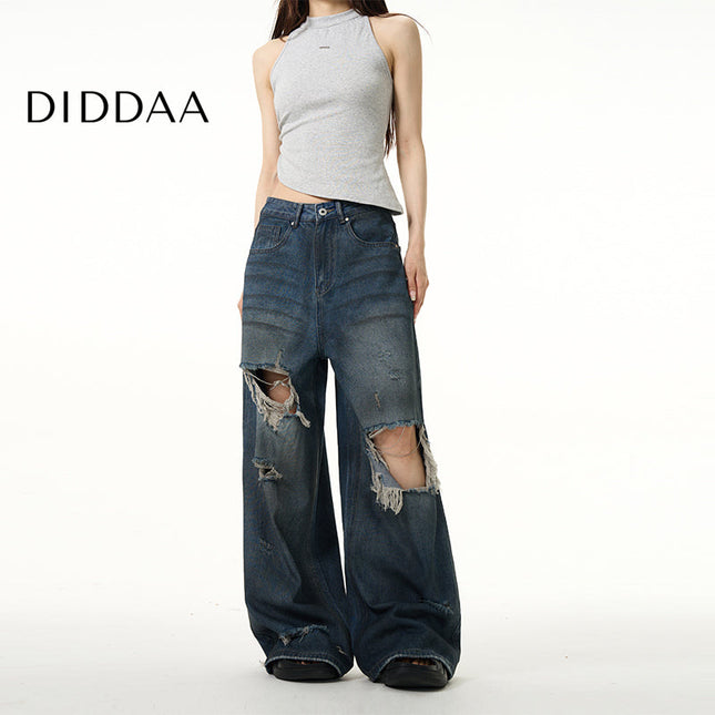 Blue Loose Fit Ripped Jeans for Couples by Tail Lang - S / Dark Blue - Women’s Jeans