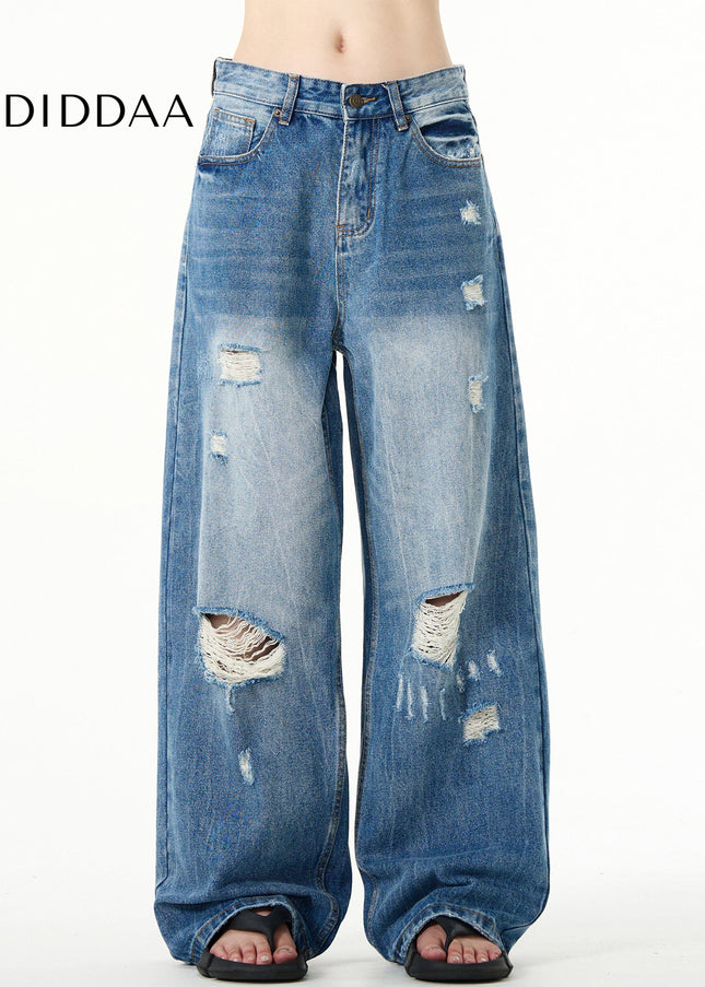 Blue Loose Fit Ripped Jeans with Retro Distressed Style - Men’s Jeans