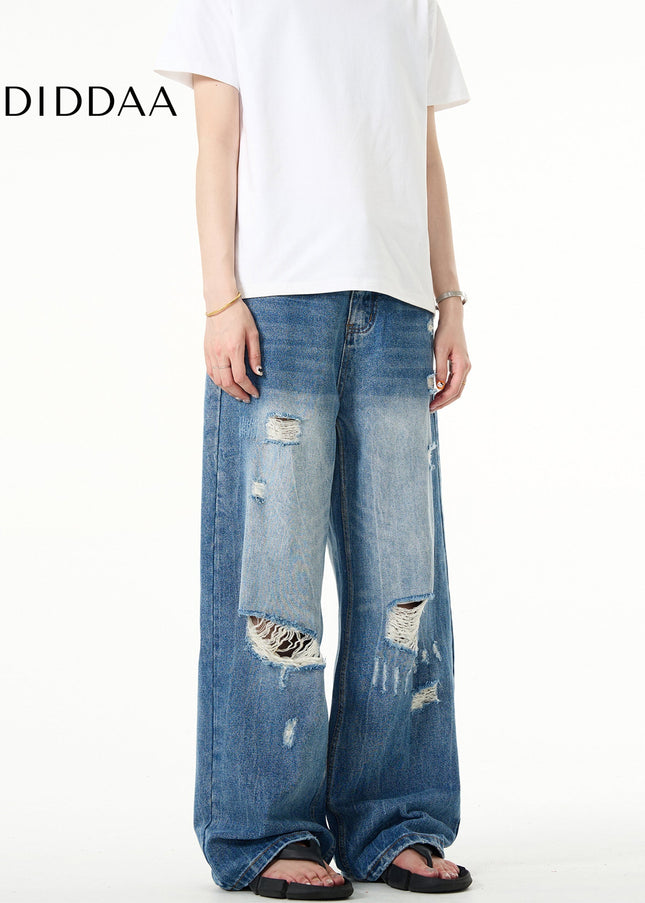 Blue Loose Fit Ripped Jeans with Retro Distressed Style - Men’s Jeans