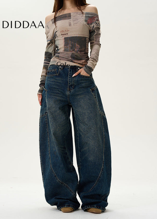 Blue Loose Fit Scimitar Wide-Leg Jeans for Couples - Women’s Jeans