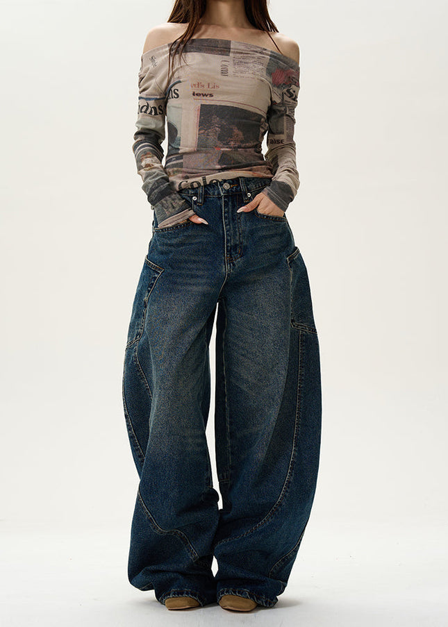 Blue Loose Fit Scimitar Wide-Leg Jeans for Couples - Women’s Jeans