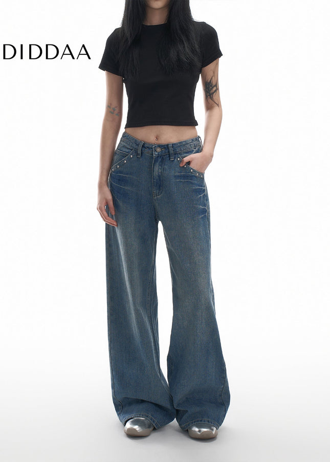 Blue Loose Fit Stud Design Wide Leg Jeans - Women’s Jeans