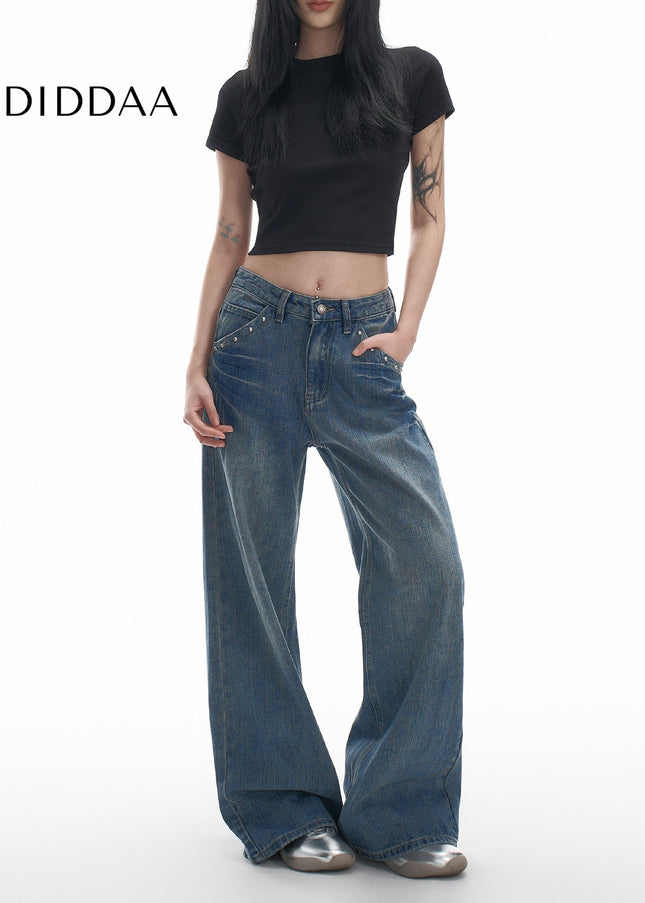 Blue Loose Fit Stud Design Wide Leg Jeans - Women’s Jeans