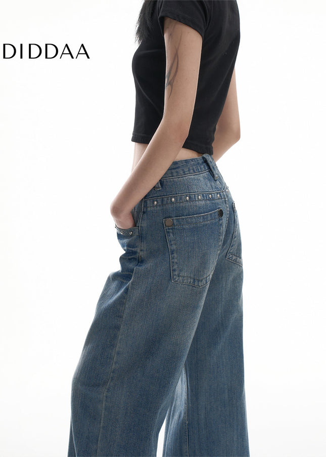 Blue Loose Fit Stud Design Wide Leg Jeans - Women’s Jeans