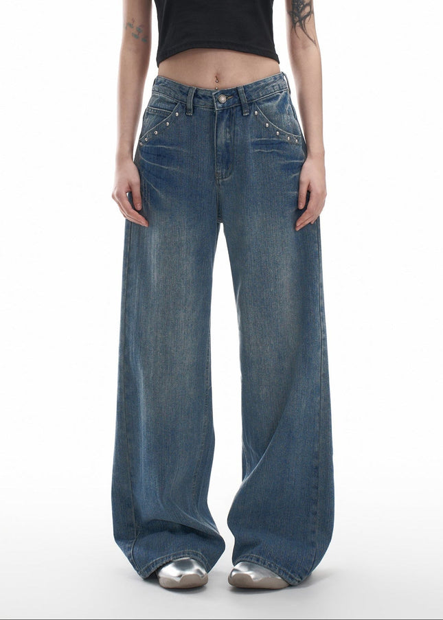 Blue Loose Fit Stud Design Wide Leg Jeans - Women’s Jeans