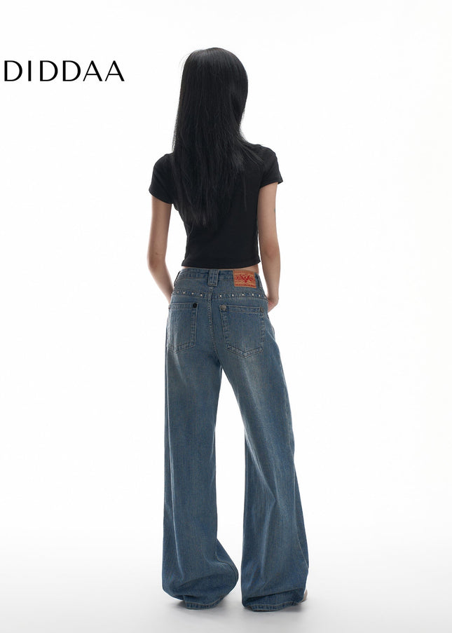 Blue Loose Fit Stud Design Wide Leg Jeans - Women’s Jeans