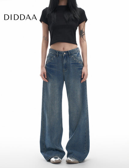 Blue Loose Fit Stud Design Wide Leg Jeans - XS / Mid Blue - Women’s Jeans