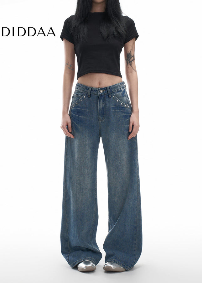 Blue Loose Fit Stud Design Wide Leg Jeans - XS / Mid Blue - Women’s Jeans