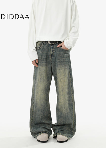 Blue Loose Fit Vintage Wash Casual Straight Leg Jeans - Men’s Jeans