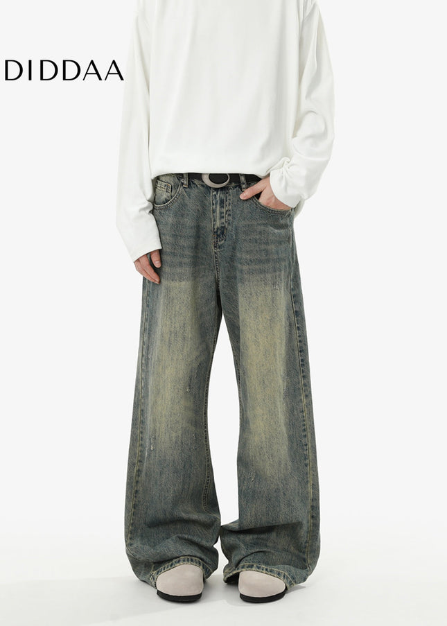 Blue Loose Fit Vintage Wash Casual Straight Leg Jeans - Men’s Jeans