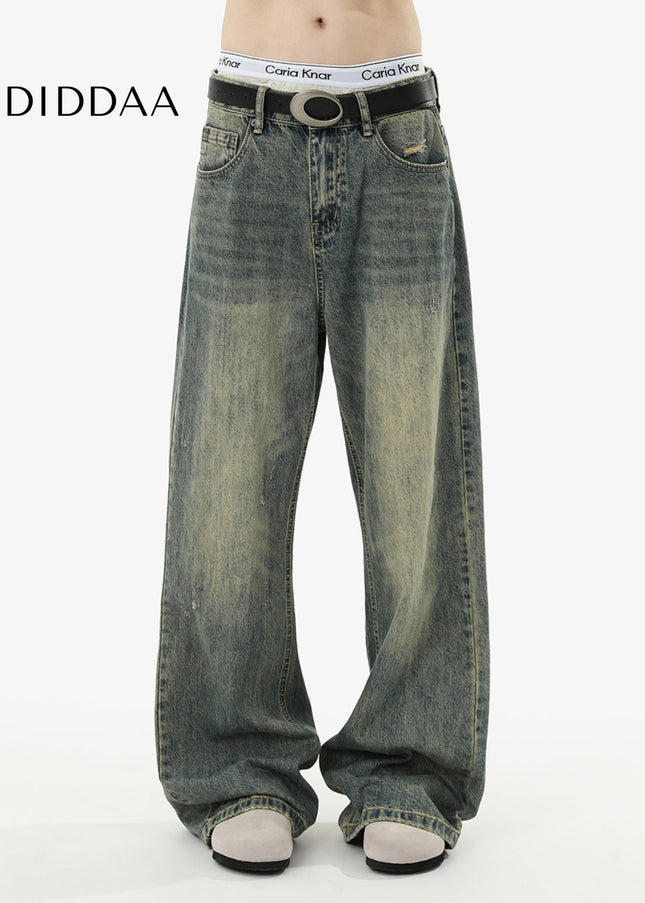 Blue Loose Fit Vintage Wash Casual Straight Leg Jeans - Men’s Jeans