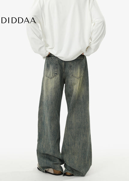 Blue Loose Fit Vintage Wash Casual Straight Leg Jeans - Men’s Jeans