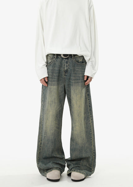 Blue Loose Fit Vintage Wash Casual Straight Leg Jeans - Men’s Jeans