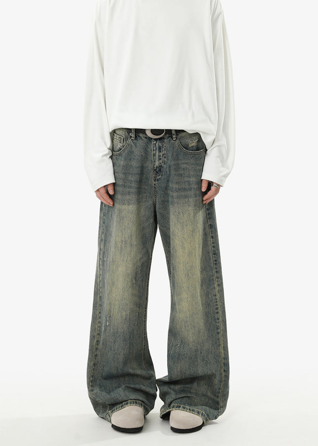 Blue Loose Fit Vintage Wash Casual Straight Leg Jeans - Men’s Jeans