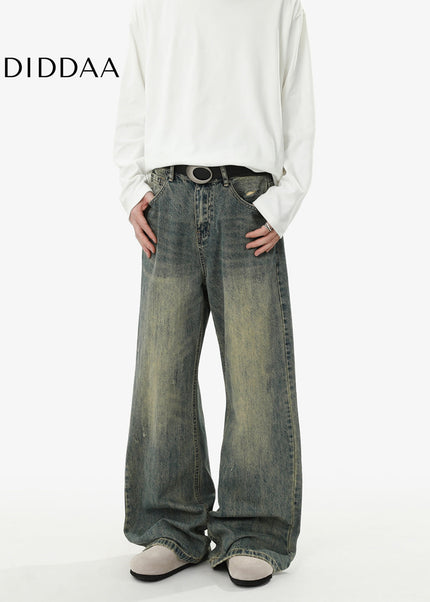 Blue Loose Fit Vintage Wash Casual Straight Leg Jeans - Men’s Jeans