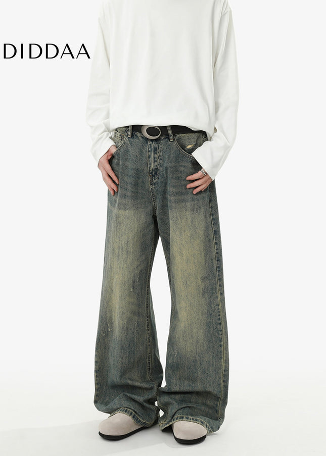 Blue Loose Fit Vintage Wash Casual Straight Leg Jeans - Men’s Jeans