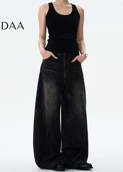 Blue Loose Fit Vintage Whisker Jeans for Men and Women - S / Black - Men’s Jeans