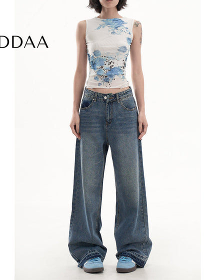 Blue Loose-Fitting High-Waisted Mop Pants - XS / Mid Blue - Women’s Jeans