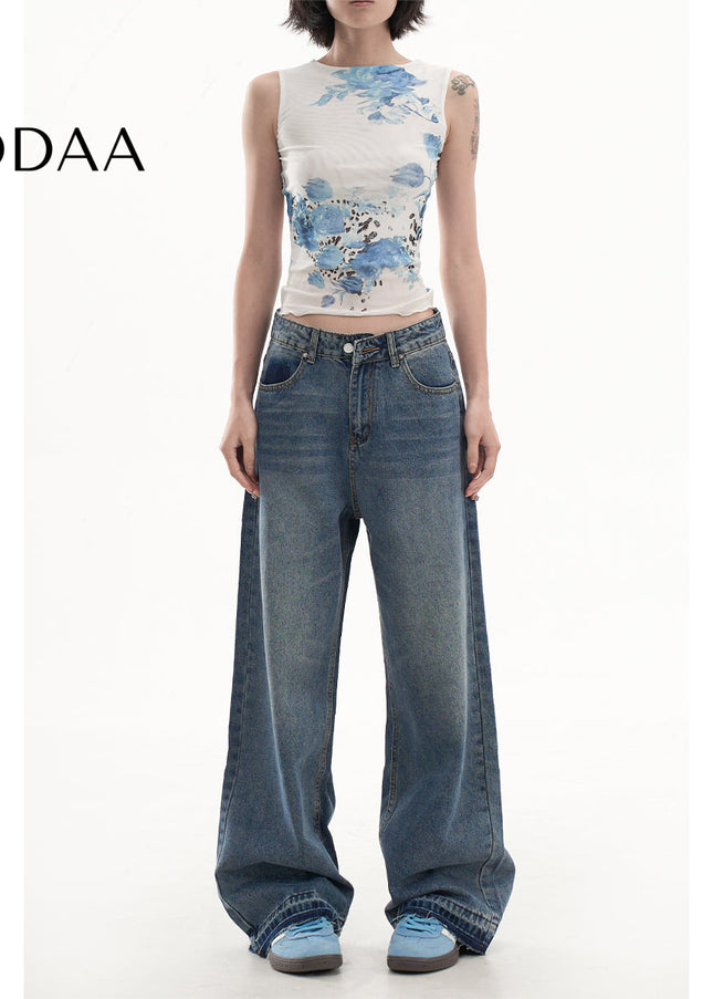 Blue Loose-Fitting High-Waisted Mop Pants - XS / Mid Blue - Women’s Jeans