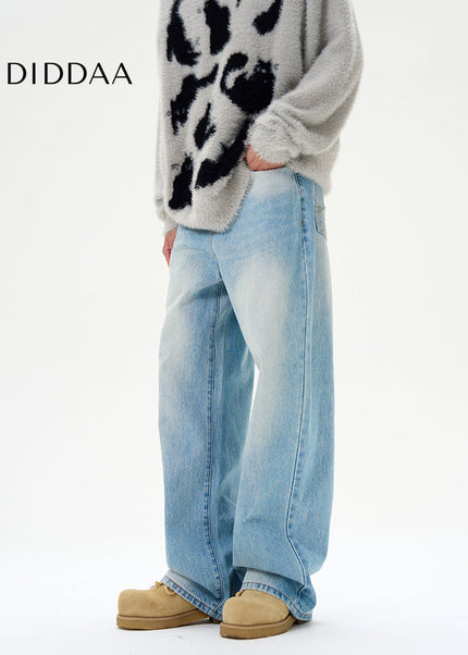 Blue Loose Wide-Leg Jeans with Retro Luxury Design - Women’s Jeans