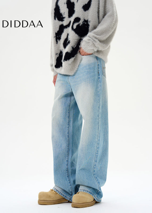 Blue Loose Wide-Leg Jeans with Retro Luxury Design - Women’s Jeans