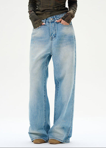 Blue Loose Wide-Leg Jeans with Retro Luxury Design - Women’s Jeans