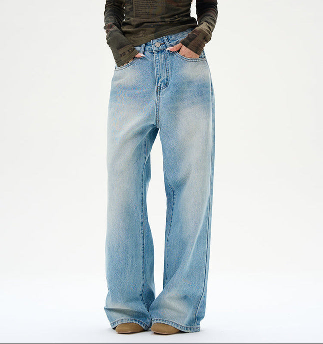 Blue Loose Wide-Leg Jeans with Retro Luxury Design - Women’s Jeans