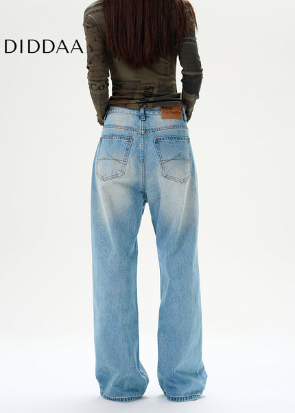 Blue Loose Wide-Leg Jeans with Retro Luxury Design - Women’s Jeans