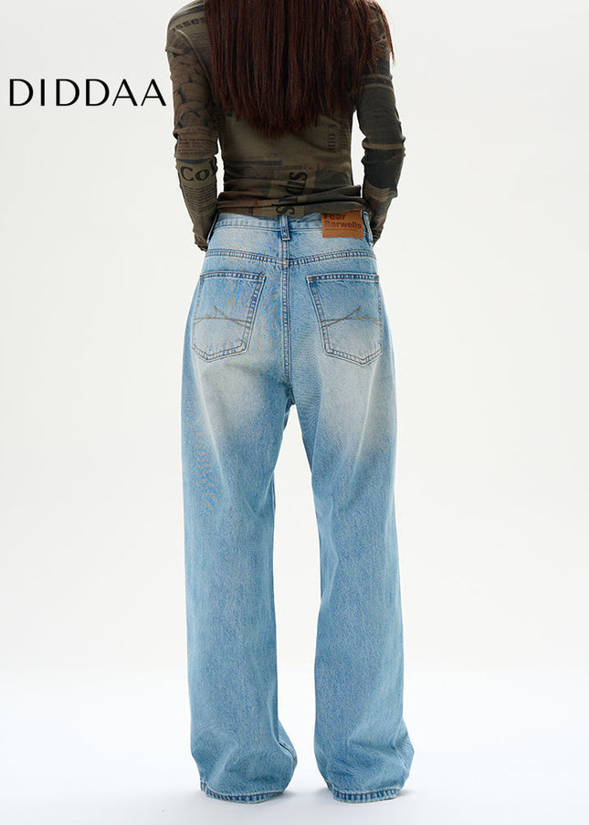 Blue Loose Wide-Leg Jeans with Retro Luxury Design - Women’s Jeans