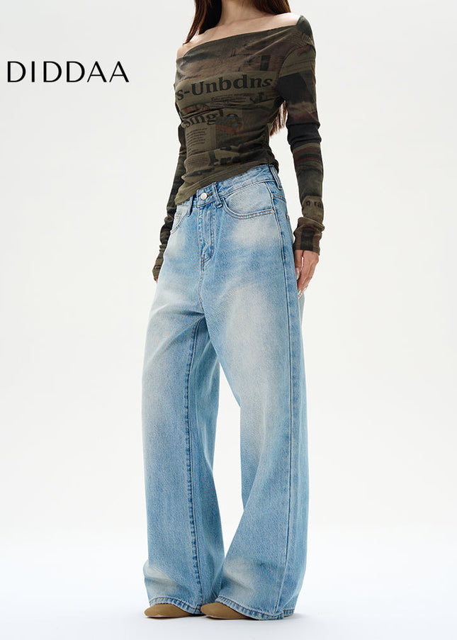Blue Loose Wide-Leg Jeans with Retro Luxury Design - Women’s Jeans
