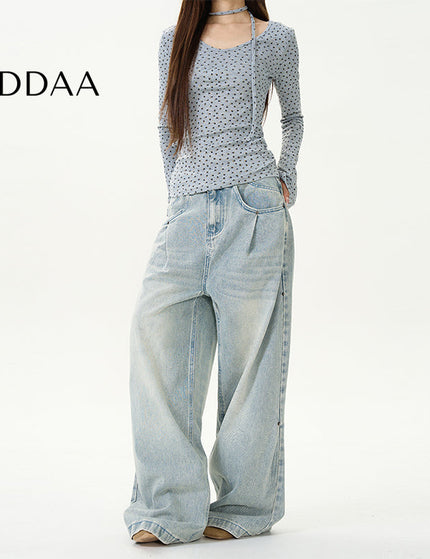 Blue Loose Wide Leg Jeans with Retro Pleats - S / Light Blue - Women’s Jeans