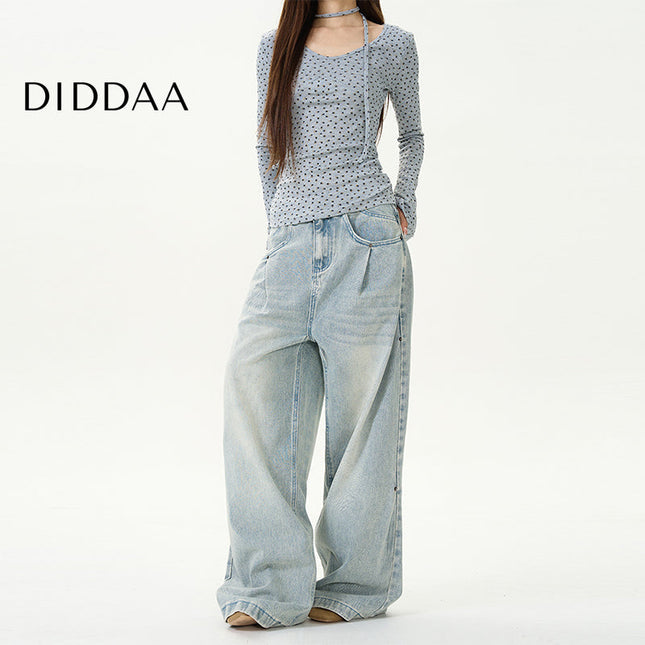 Blue Loose Wide Leg Jeans with Retro Pleats - S / Light Blue - Women’s Jeans
