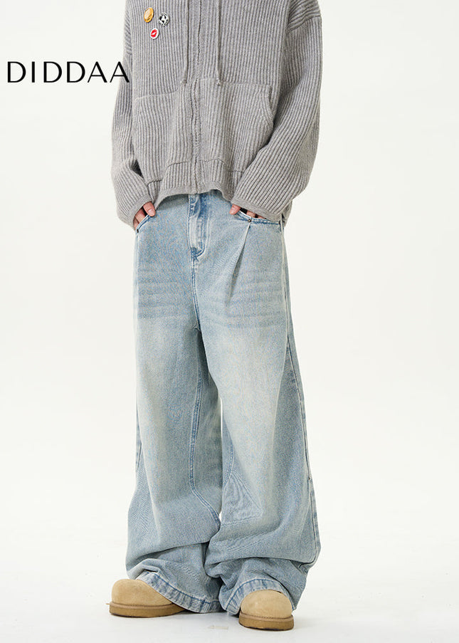 Blue Loose Wide Leg Jeans with Retro Pleats - Women’s Jeans