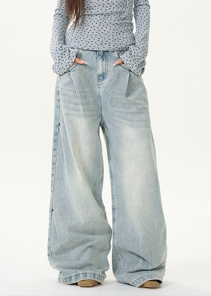 Blue Loose Wide Leg Jeans with Retro Pleats - Women’s Jeans
