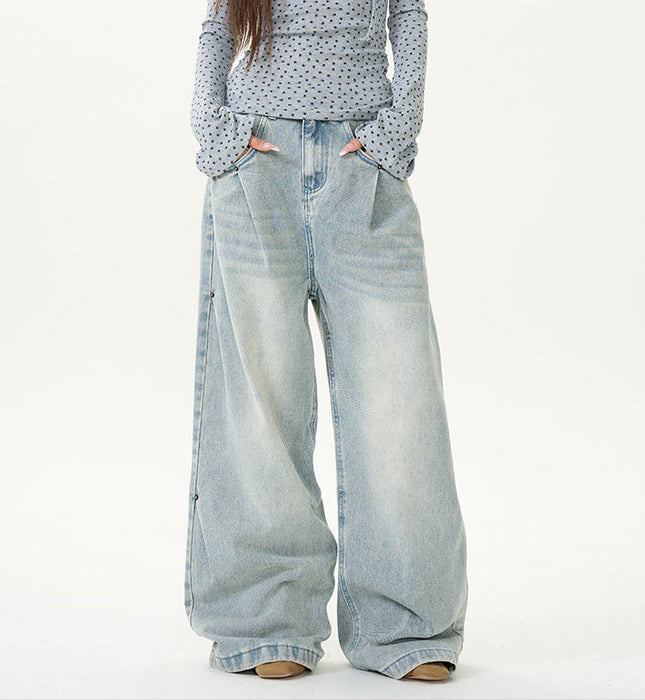 Blue Loose Wide Leg Jeans with Retro Pleats - Women’s Jeans