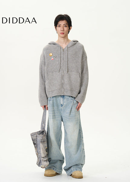 Blue Loose Wide Leg Jeans with Retro Pleats - Women’s Jeans