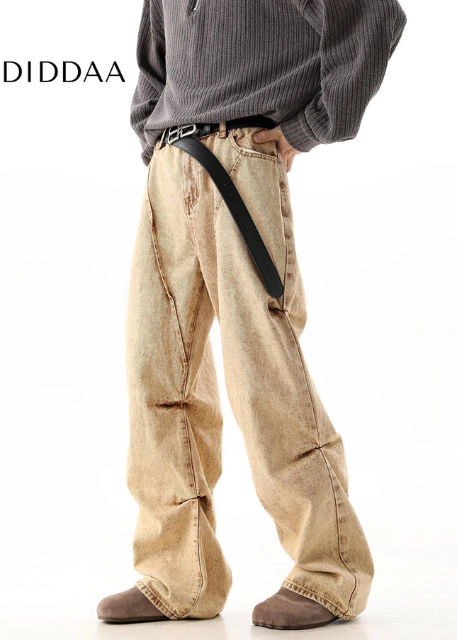 Blue Mid Rise Loose Baggy Jeans With Pleats - Men’s Jeans