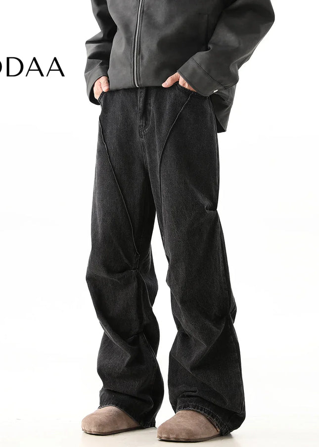 Blue Mid Rise Loose Baggy Jeans With Pleats - S / Black - Men’s Jeans