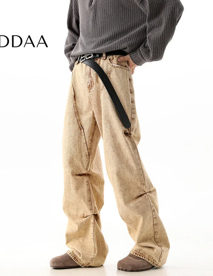 Blue Mid Rise Loose Baggy Jeans With Pleats - S / Khaki - Men’s Jeans
