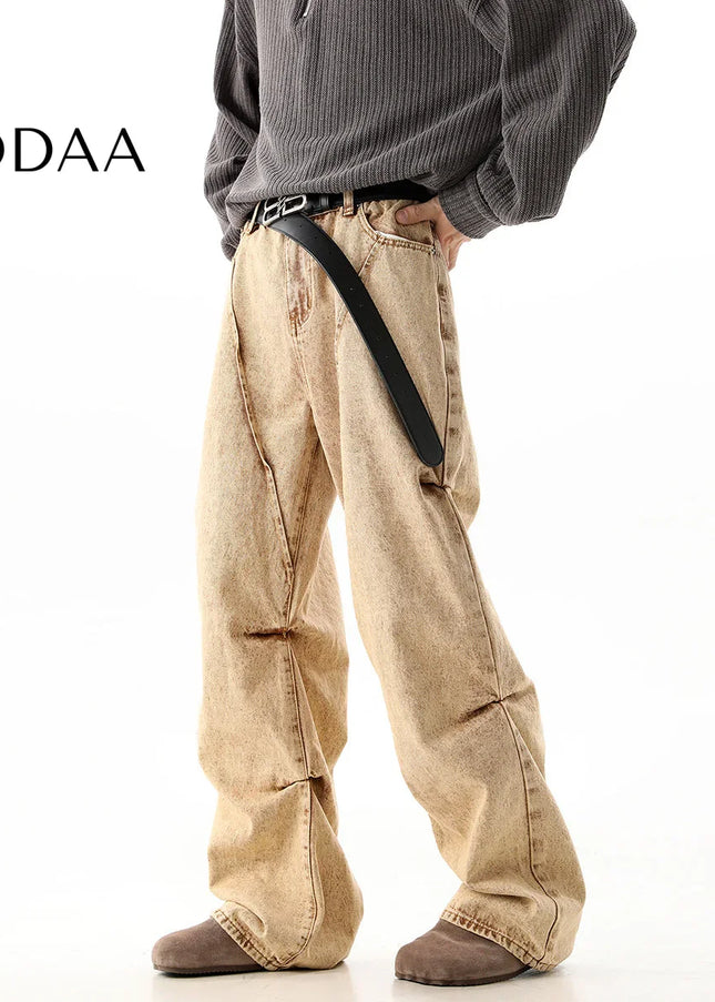 Blue Mid Rise Loose Baggy Jeans With Pleats - S / Khaki - Men’s Jeans