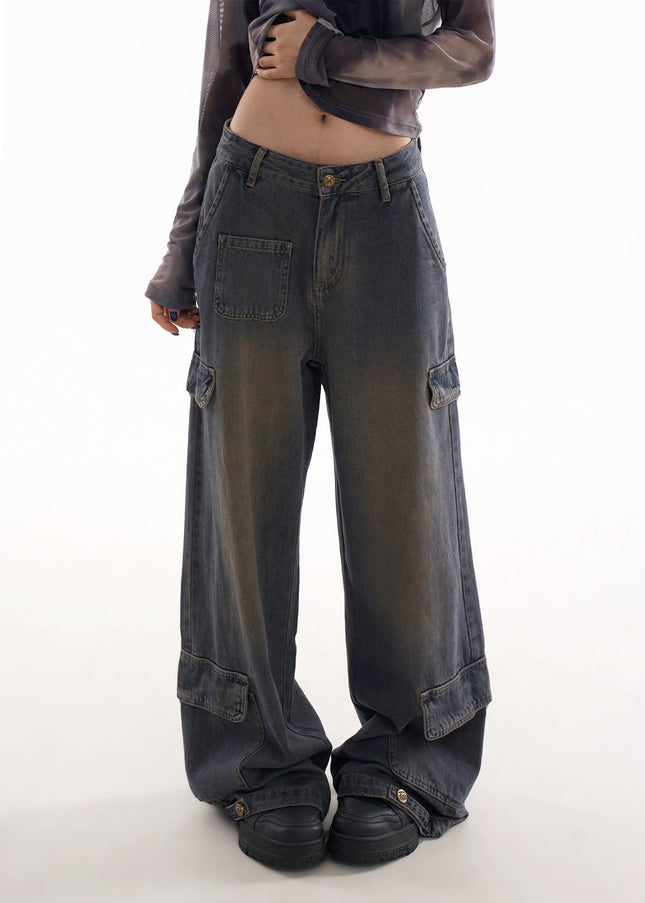 Blue Multi-Pocket Slimming Wide Leg Cargo Pants - Women’s Jeans