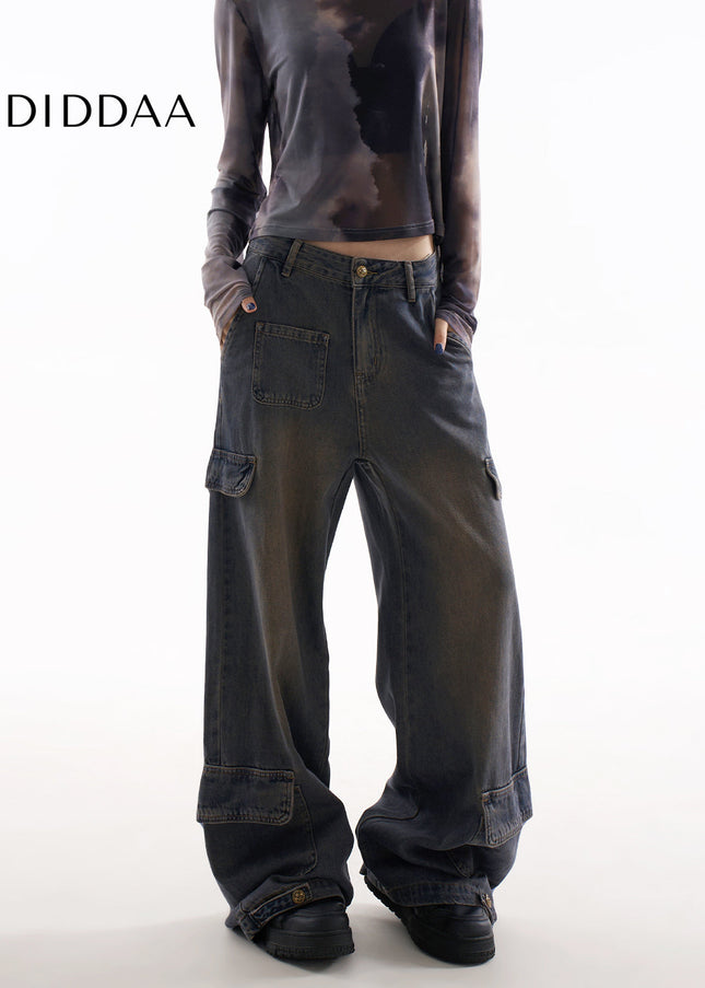 Blue Multi-Pocket Slimming Wide Leg Cargo Pants - Women’s Jeans