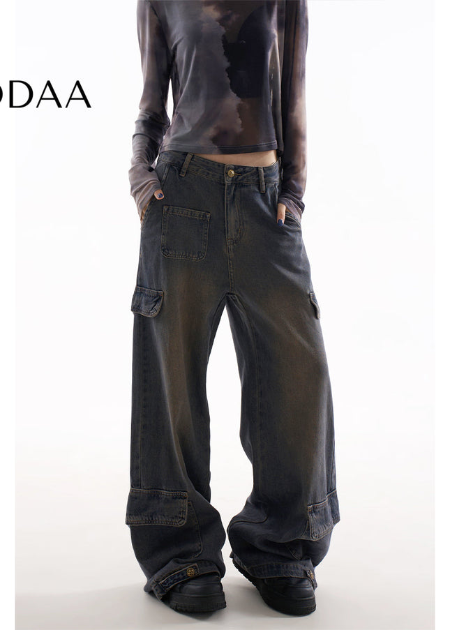 Blue Multi-Pocket Slimming Wide Leg Cargo Pants - XS / Grey - Women’s Jeans